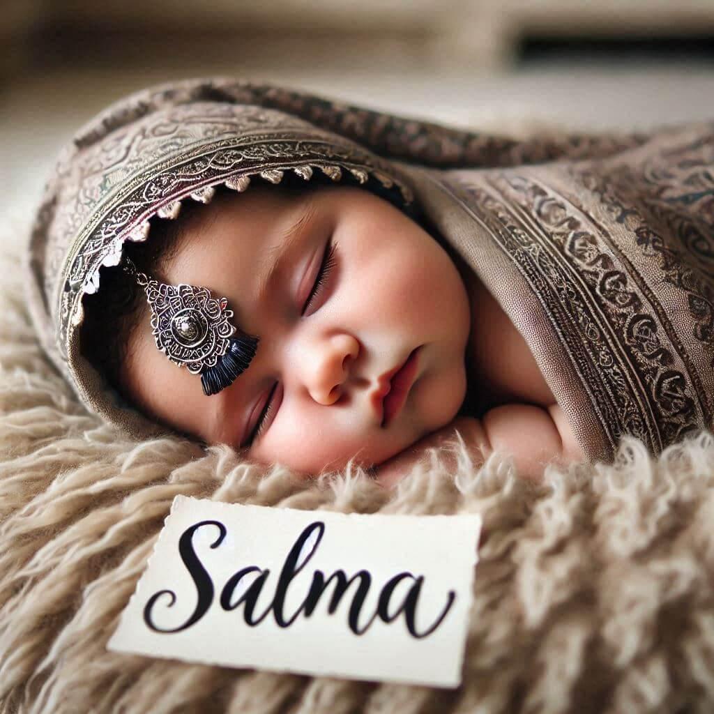 Un bebe fille qui dort avec ecrit salma en francais sur son bonnet motif oriental elle dort sur un gros coussin photo de professionnel prenom salma 1