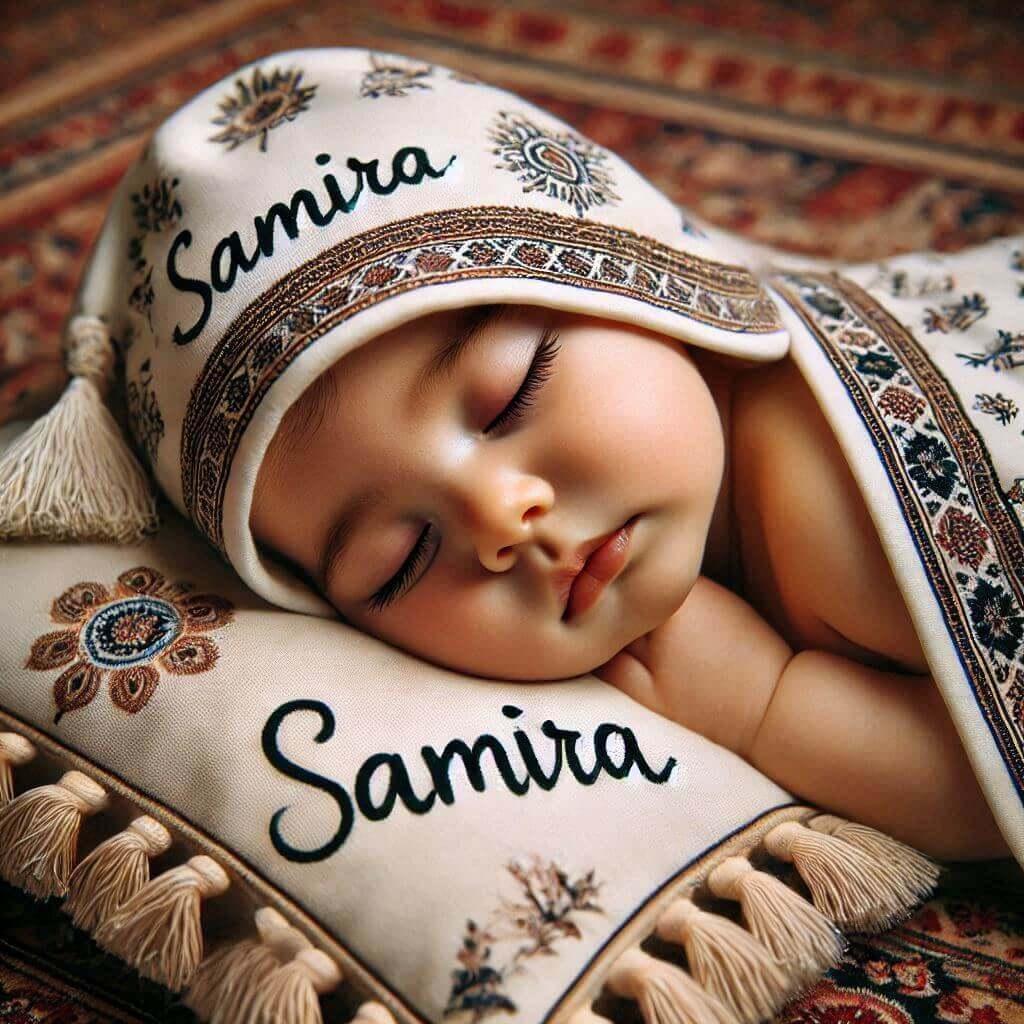 Un bebe fille qui dort avec ecrit samira en francais sur son bonnet motif oriental elle dort sur un gros coussin photo de professionnel prenom samira 1 1