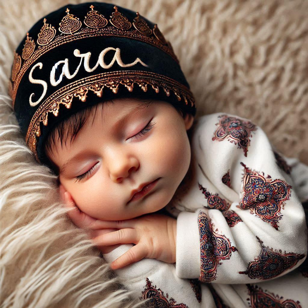 Un bebe fille qui dort avec ecrit sara en francais sur son bonnet motif oriental elle dort sur un gros coussin photo de professionnel prenom sara 1