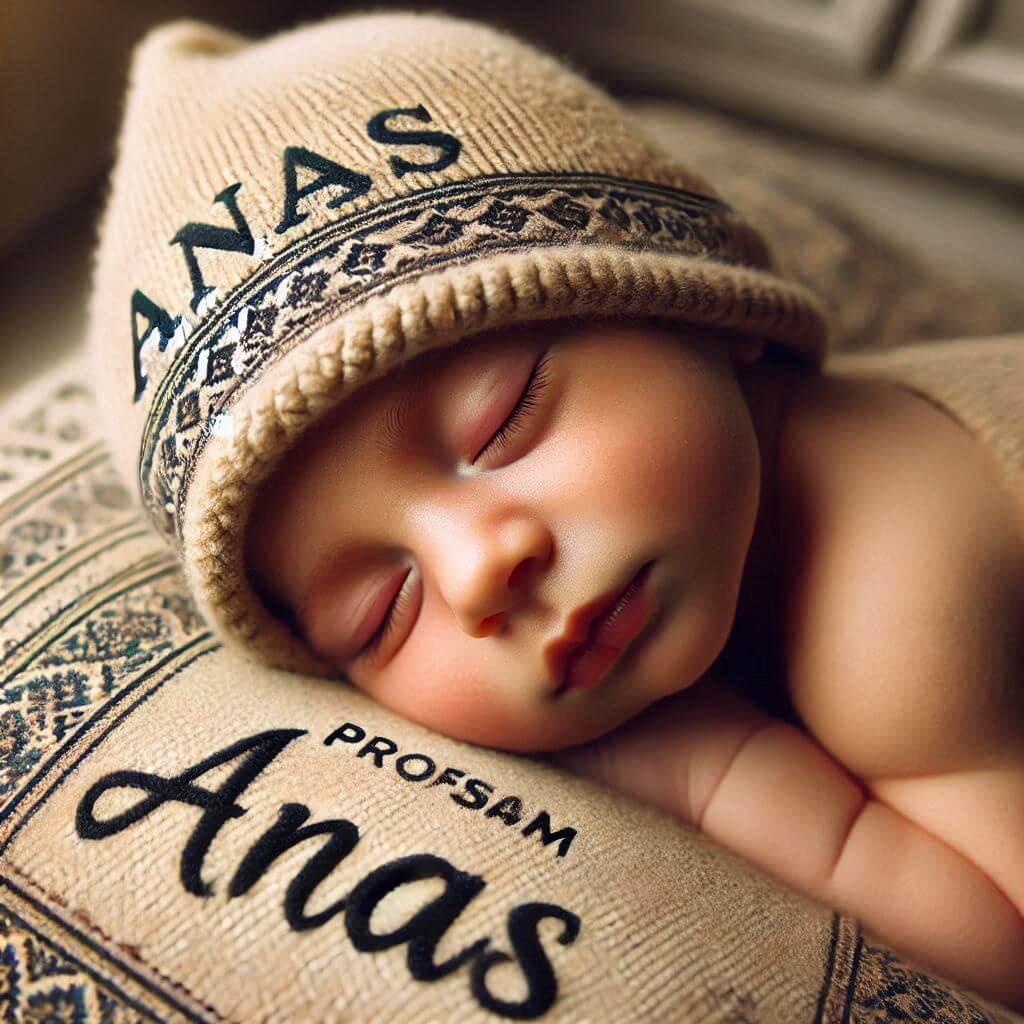 Un bebe garcon qui dort avec ecrit anas sur son bonnet de couleur beige motif oriental il dort sur un gros coussin photo de professionnel prenom anas 2