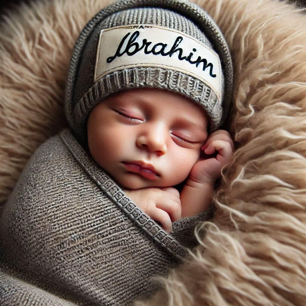 Un bebe garcon qui dort avec ecrit ibrahim sur son bonnet il dort sur un gros coussin photo de professionnel