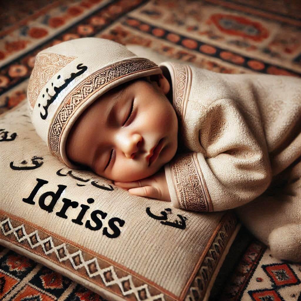 Un bebe garcon qui dort avec ecrit idriss sur son bonnet de couleur beige motif oriental il dort sur un gros coussin photo de professionnel prenom idriss 1