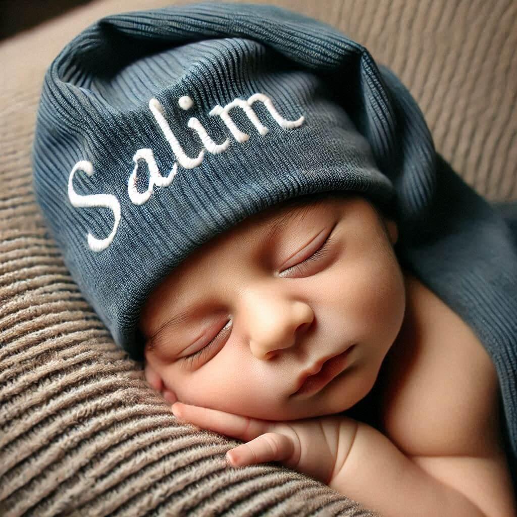 Un bebe garcon qui dort avec ecrit salim sur son bonnet il dort sur un gros coussin photo de professionnel 1