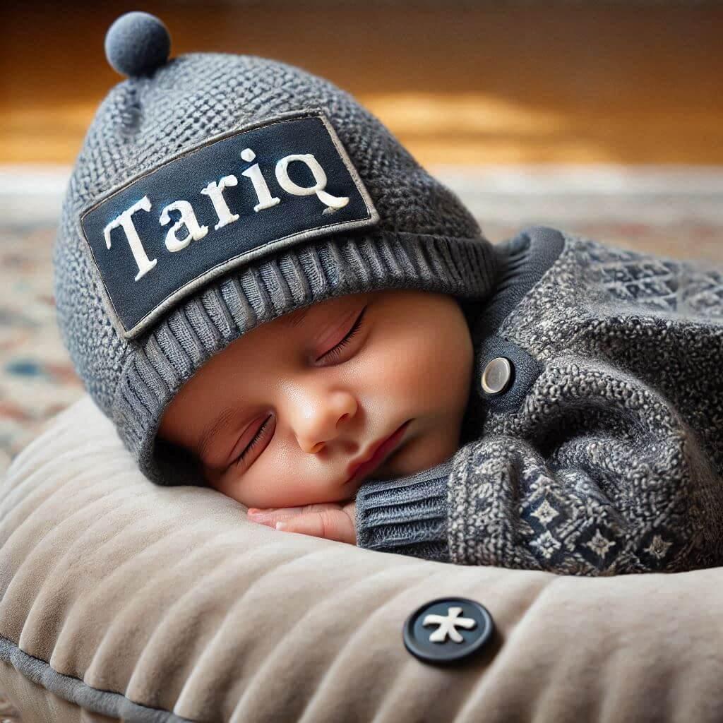 Un bebe garcon qui dort avec ecrit tariq sur son bonnet il dort sur un gros coussin photo de professionnel prenom tariq 1