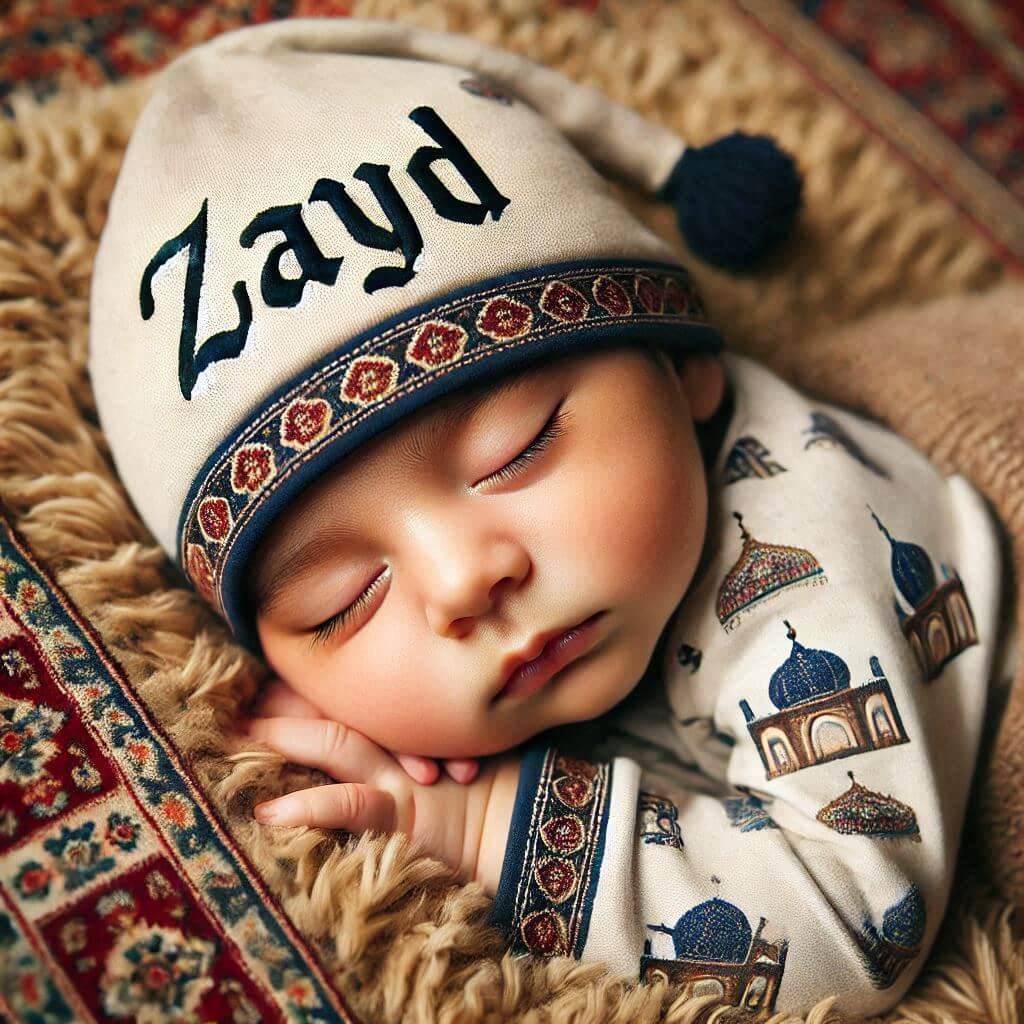 Un bebe garcon qui dort avec ecrit zayd sur son bonnet motif oriental il dort sur un gros coussin photo de professionnel prenom sayd