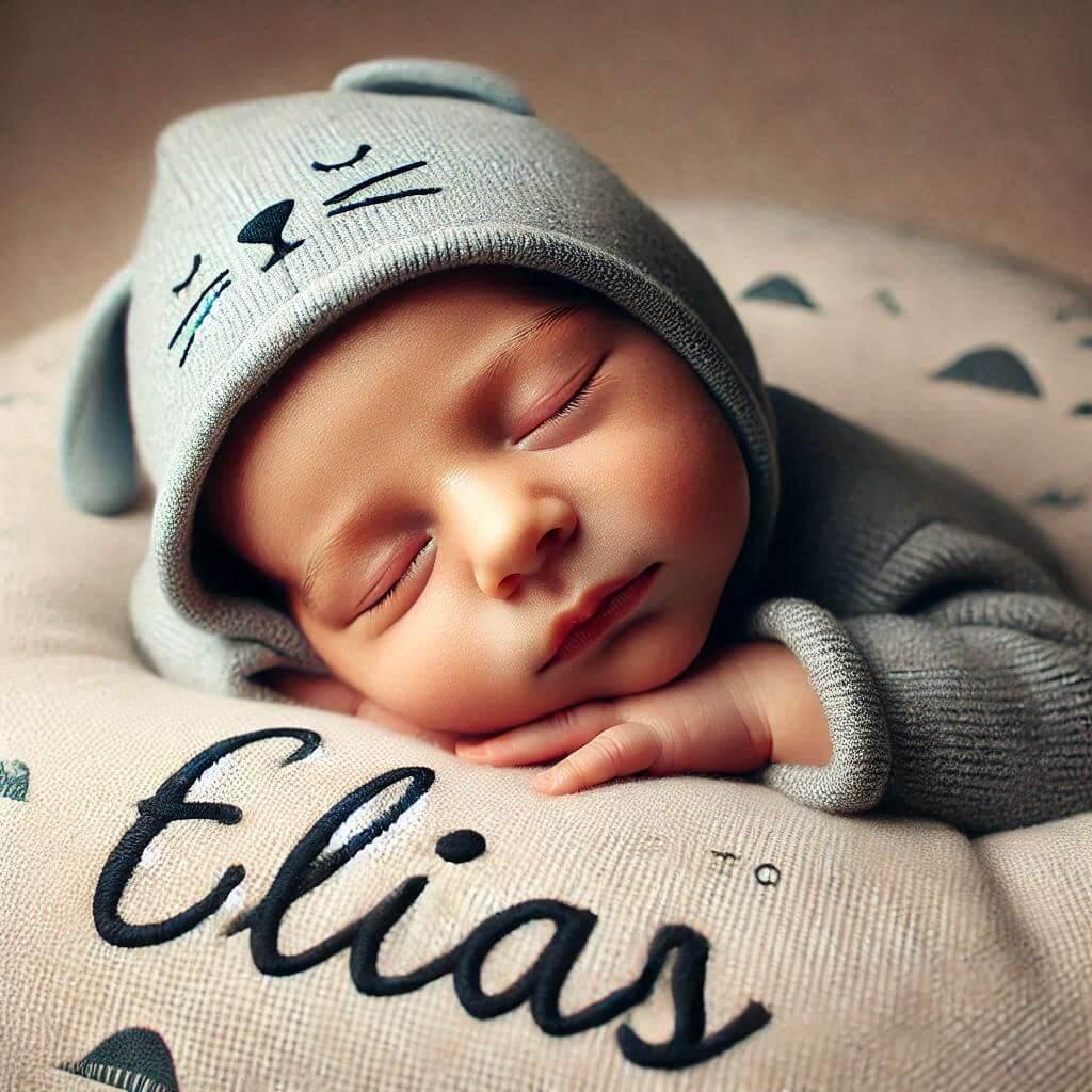 Un bebe qui dort avec ecrit elias sur son bonnet il dort sur un gros coussin photo de professionnel