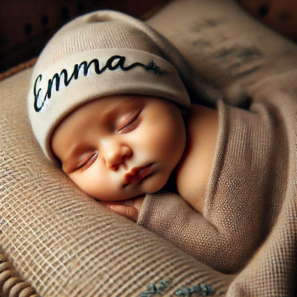 Un bebe qui dort avec ecrit emma sur son bonnet il dort sur un gros coussin photo de professionnel