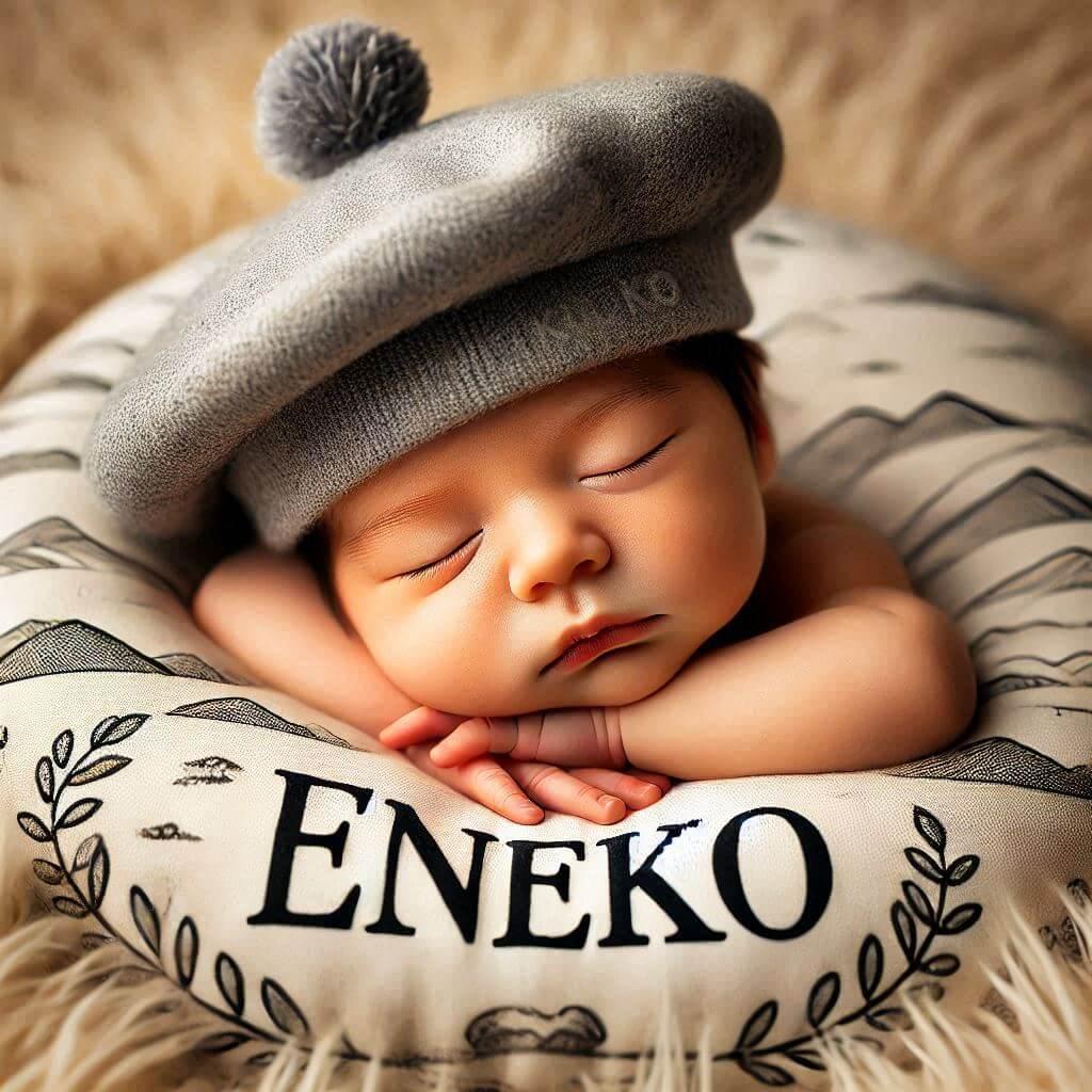 Un bebe qui dort avec ecrit eneko sur son beret il dort sur un gros coussin photo de professionnel 1