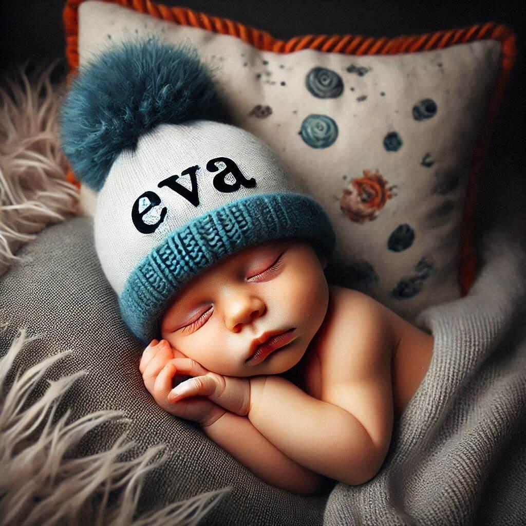 Un bebe qui dort avec ecrit eva sur son bonnet il dort sur un gros coussin photo de professionnel