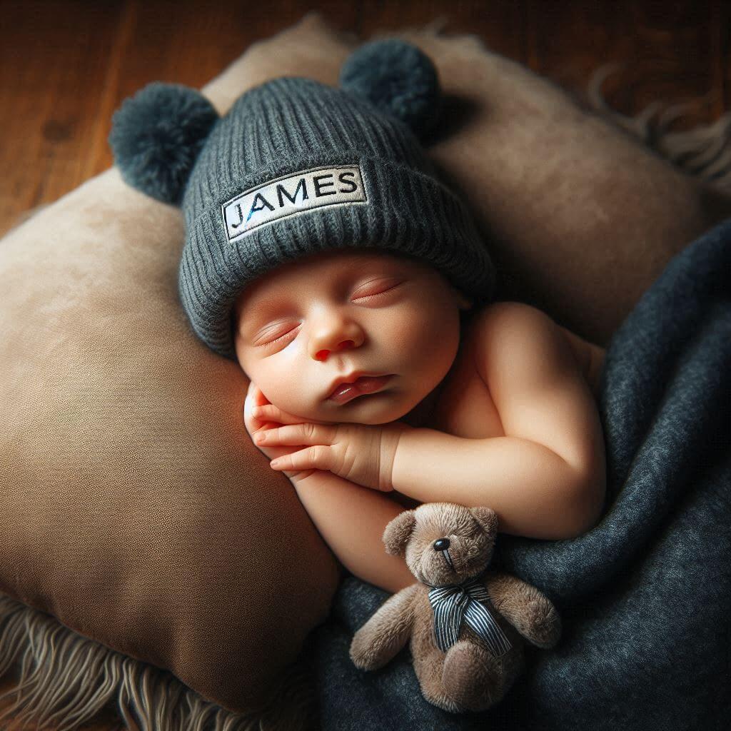 Un bebe qui dort avec ecrit james sur son bonnet il dort sur un gros coussin photo de professionnel