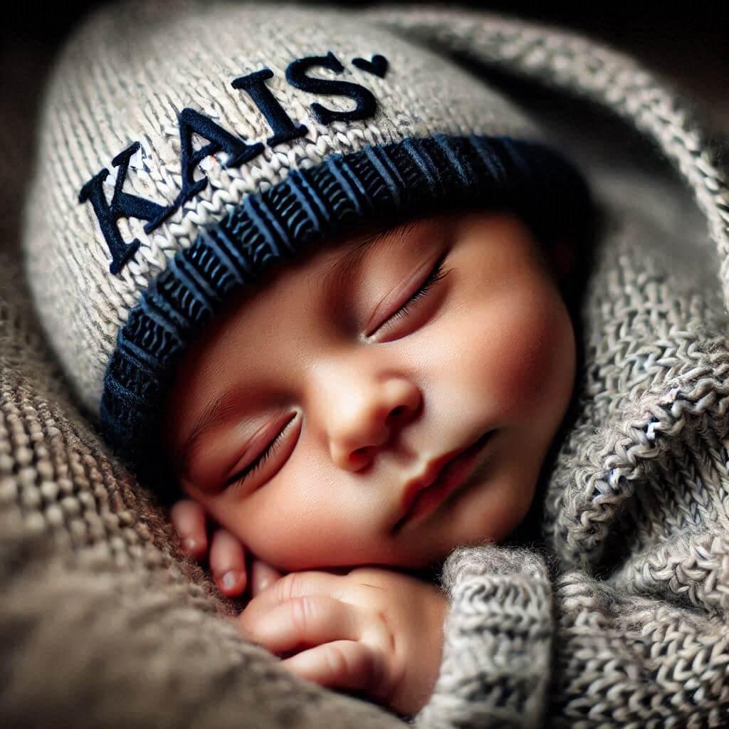 Un bebe qui dort avec ecrit kais sur son bonnet gris il dort sur un gros coussin photo de professionnel