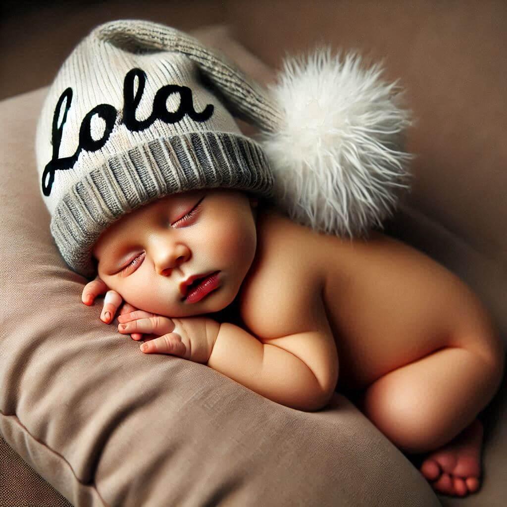 Un bebe qui dort avec ecrit lola sur son bonnet il dort sur un gros coussin photo de professionnel