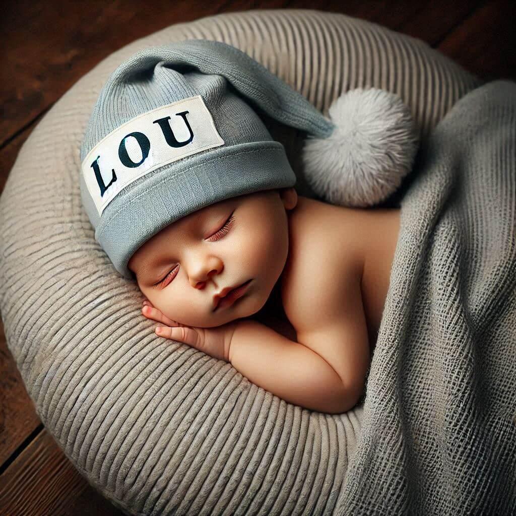 Un bebe qui dort avec ecrit lou sur son bonnet il dort sur un gros coussin photo de professionnel