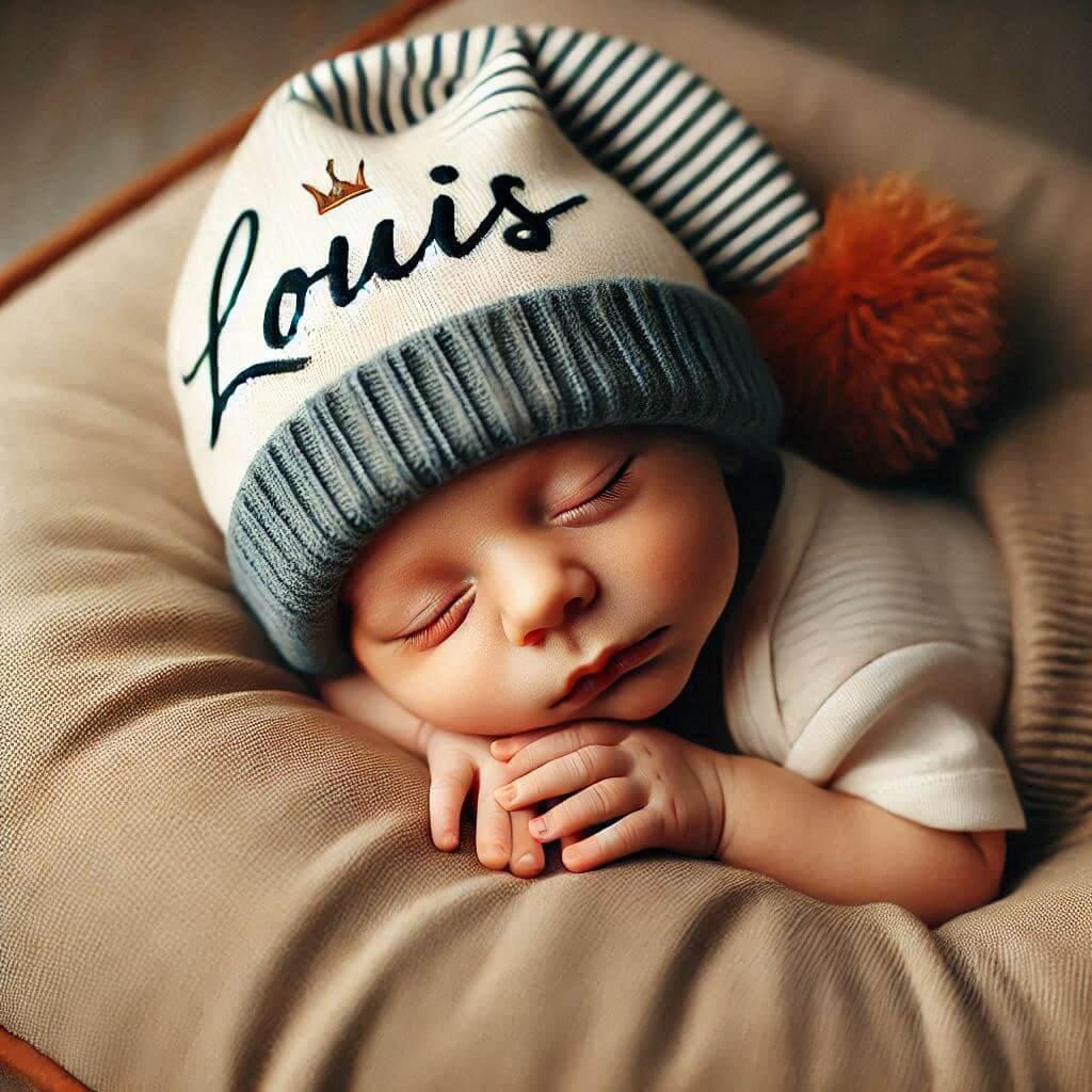 Un bebe qui dort avec ecrit louis sur son bonnet