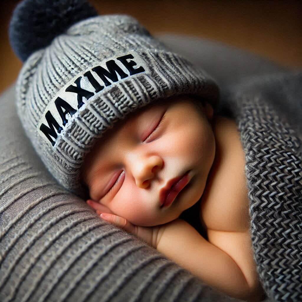 Un bebe qui dort avec ecrit maxime sur son bonnet