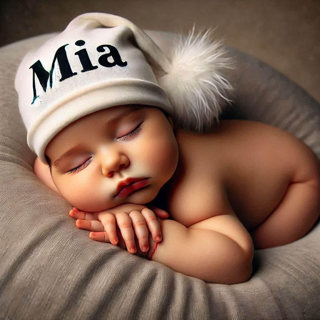 Un bebe qui dort avec ecrit mia sur son bonnet il dort sur un gros coussin photo de professionnel 1