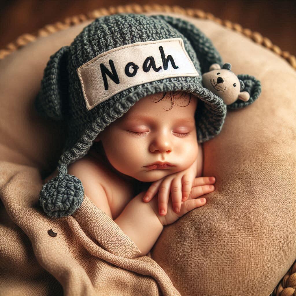 Un bebe qui dort avec ecrit noah sur son bonnet il dort sur un gros coussin photo de professionnel