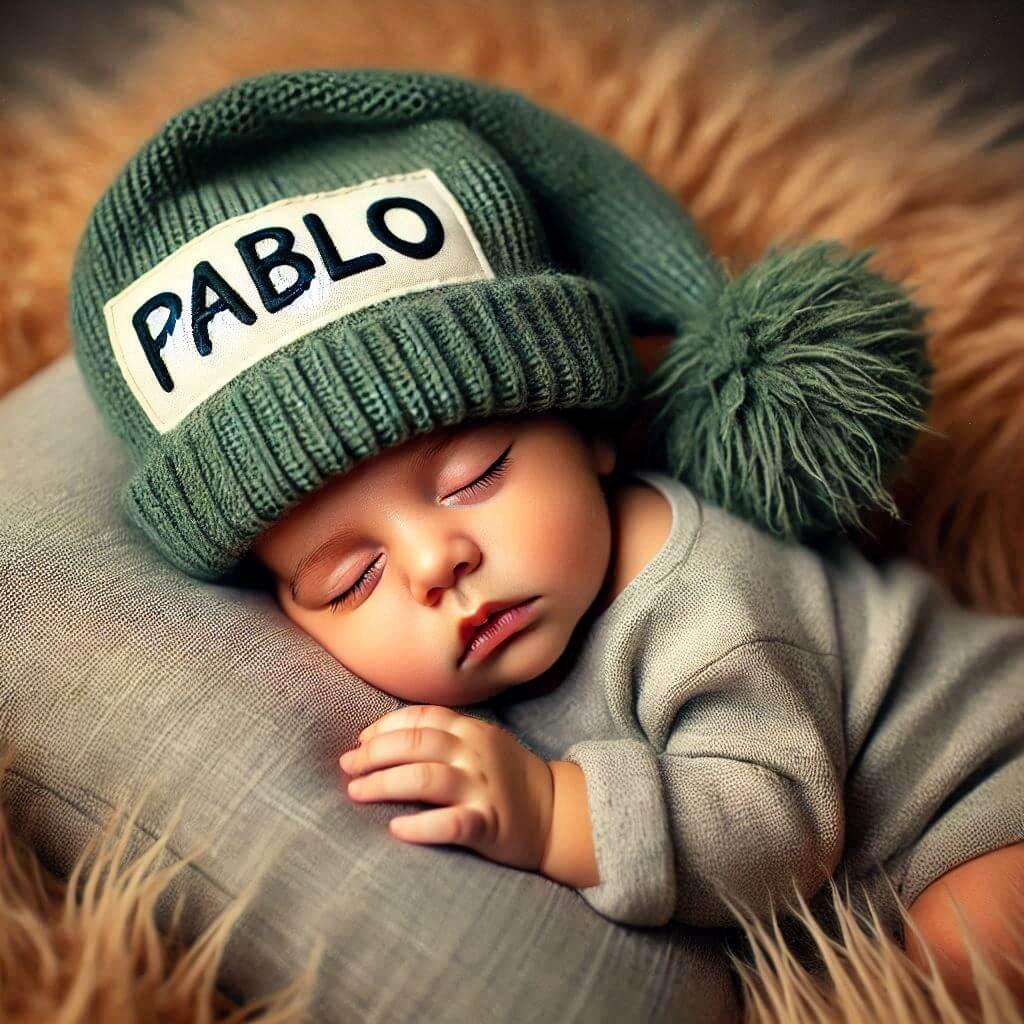 Un bebe qui dort avec ecrit pablo sur son bonnet il dort sur un gros coussin photo de professionnel