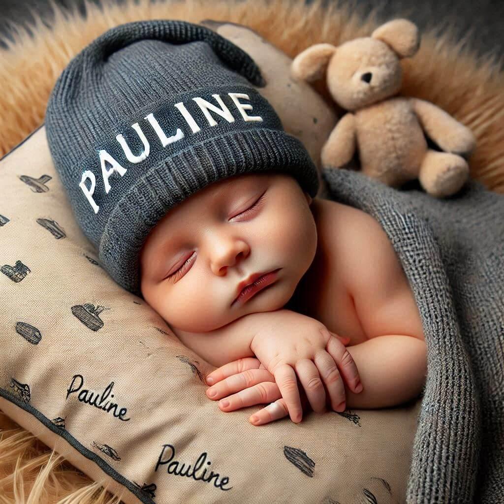 Un bebe qui dort avec ecrit pauline sur son bonnet il dort sur un gros coussin photo de professionnel 1 1