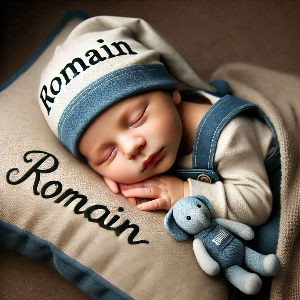 Un bebe qui dort avec ecrit romain sur son bonnet il dort sur un gros coussin photo de professionnel