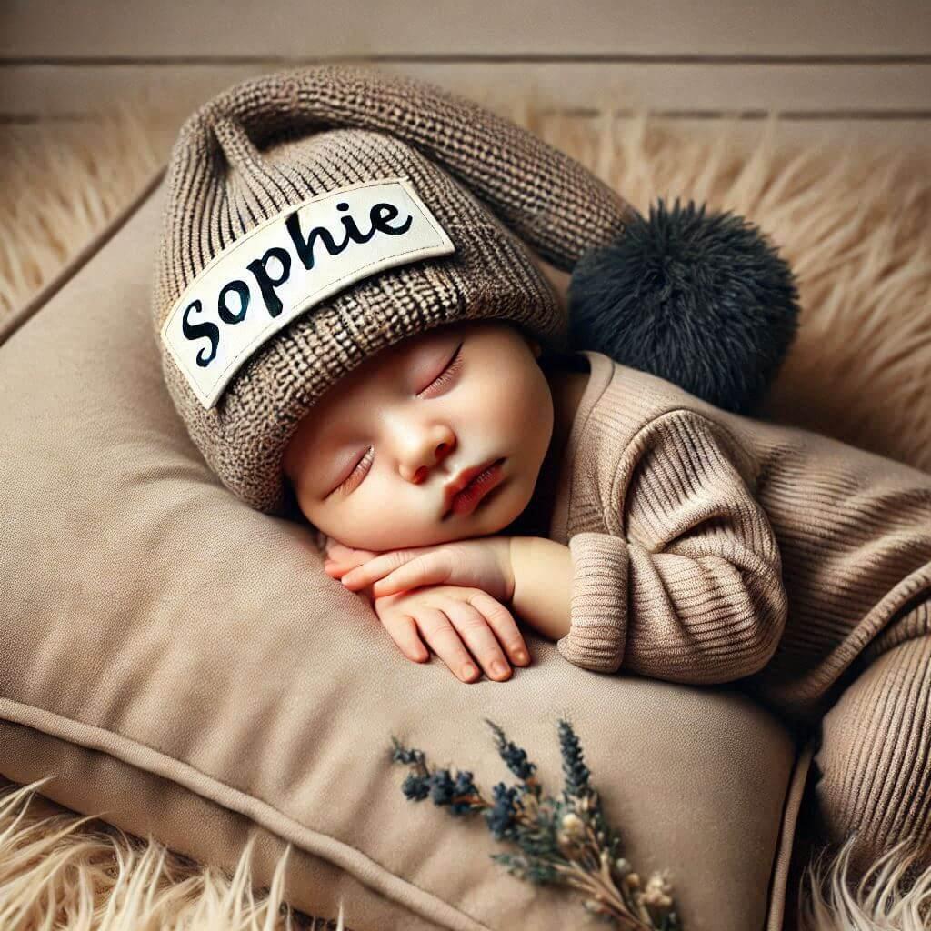 Un bebe qui dort avec ecrit sophie sur son bonnet il dort sur un gros coussin photo de professionnel