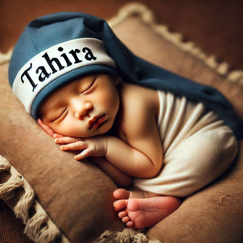 Un bebe qui dort avec ecrit tahira sur son bonnet il dort sur un gros coussin photo de professionnel