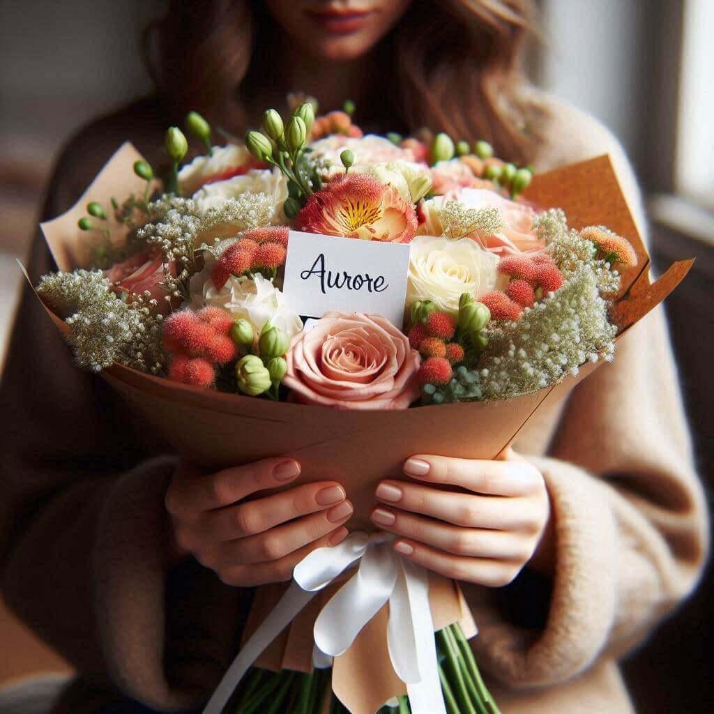 Un bouquet de fleurs personnalisee avec le prenom aurore sur une etiquette dans les mains d une femme 1 1