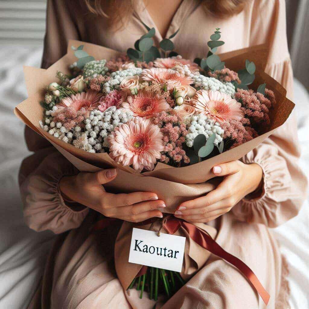 Un bouquet de fleurs personnalisee avec le prenom kaoutar sur une etiquette dans les mains d une femme 1 1 1