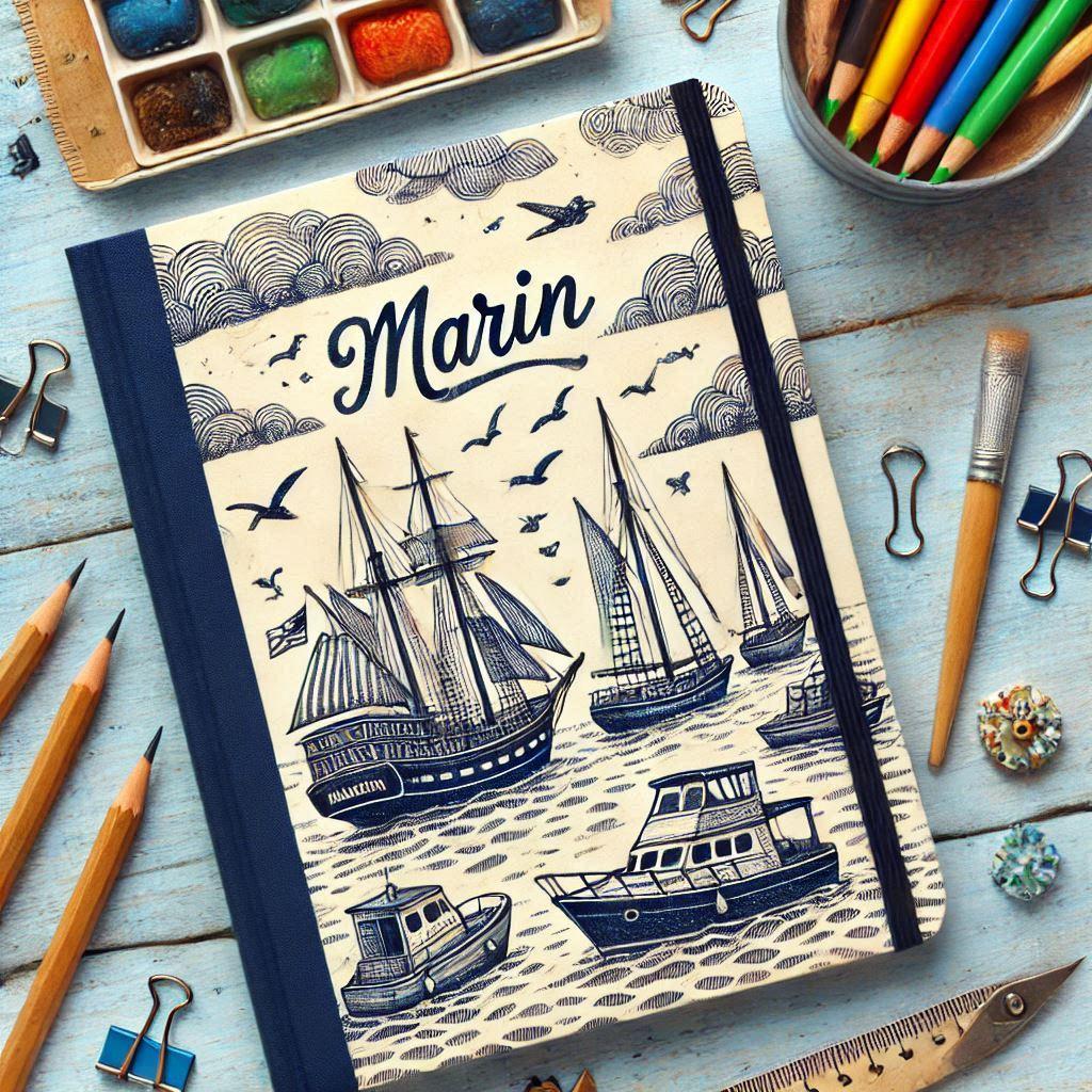 Un carnet decore avec des bateaux avec ecrit marin