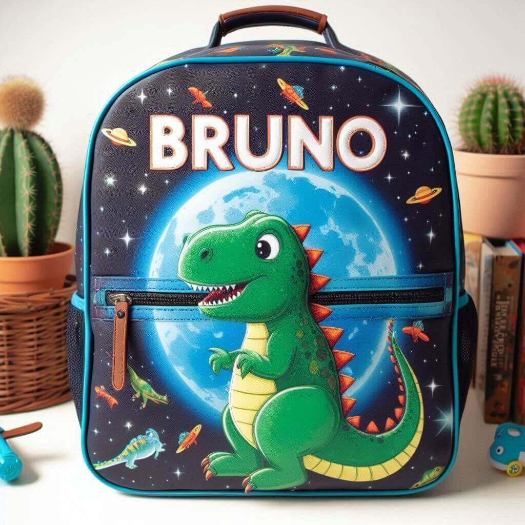 Un cartable d enfant personnalise avec le prenom bruno et un theme de dinosaure