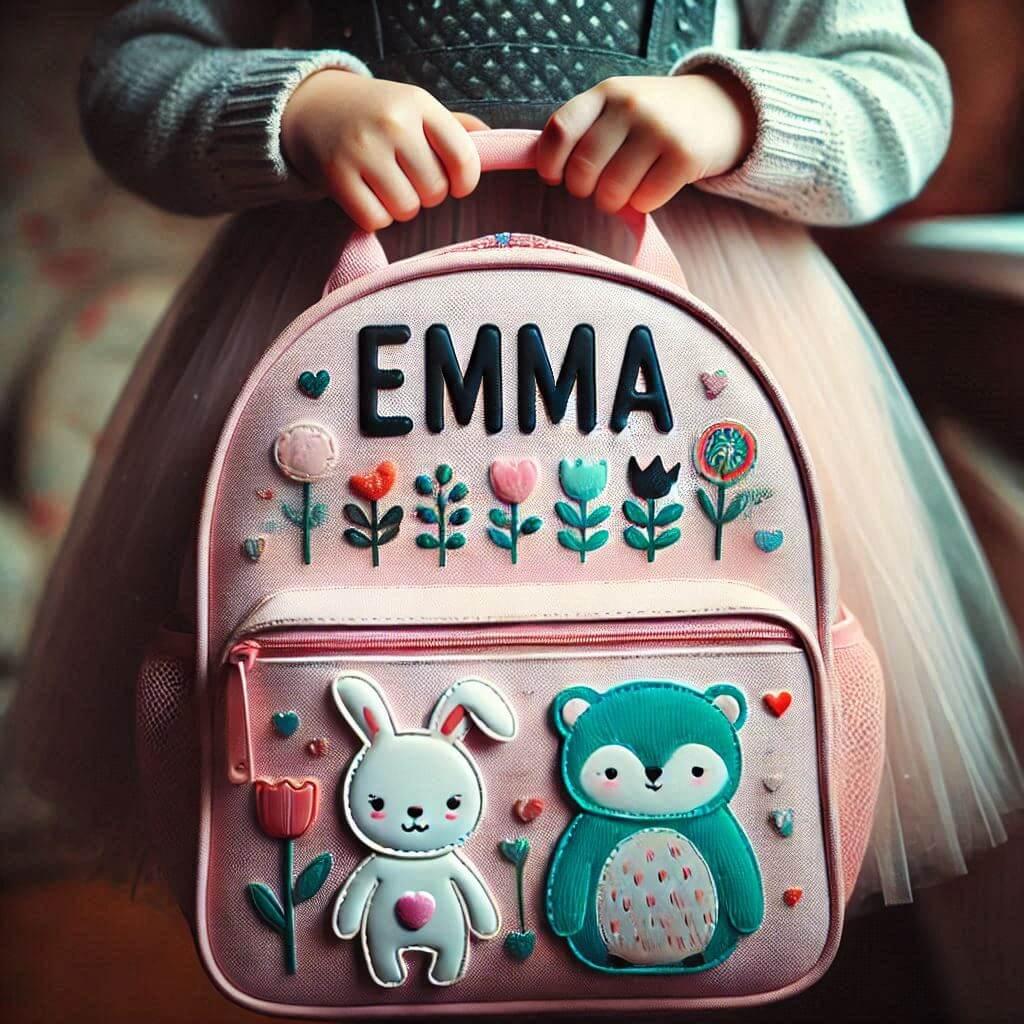 Un cartable d enfant personnalise avec le prenom emma dans les mains d une petite fille