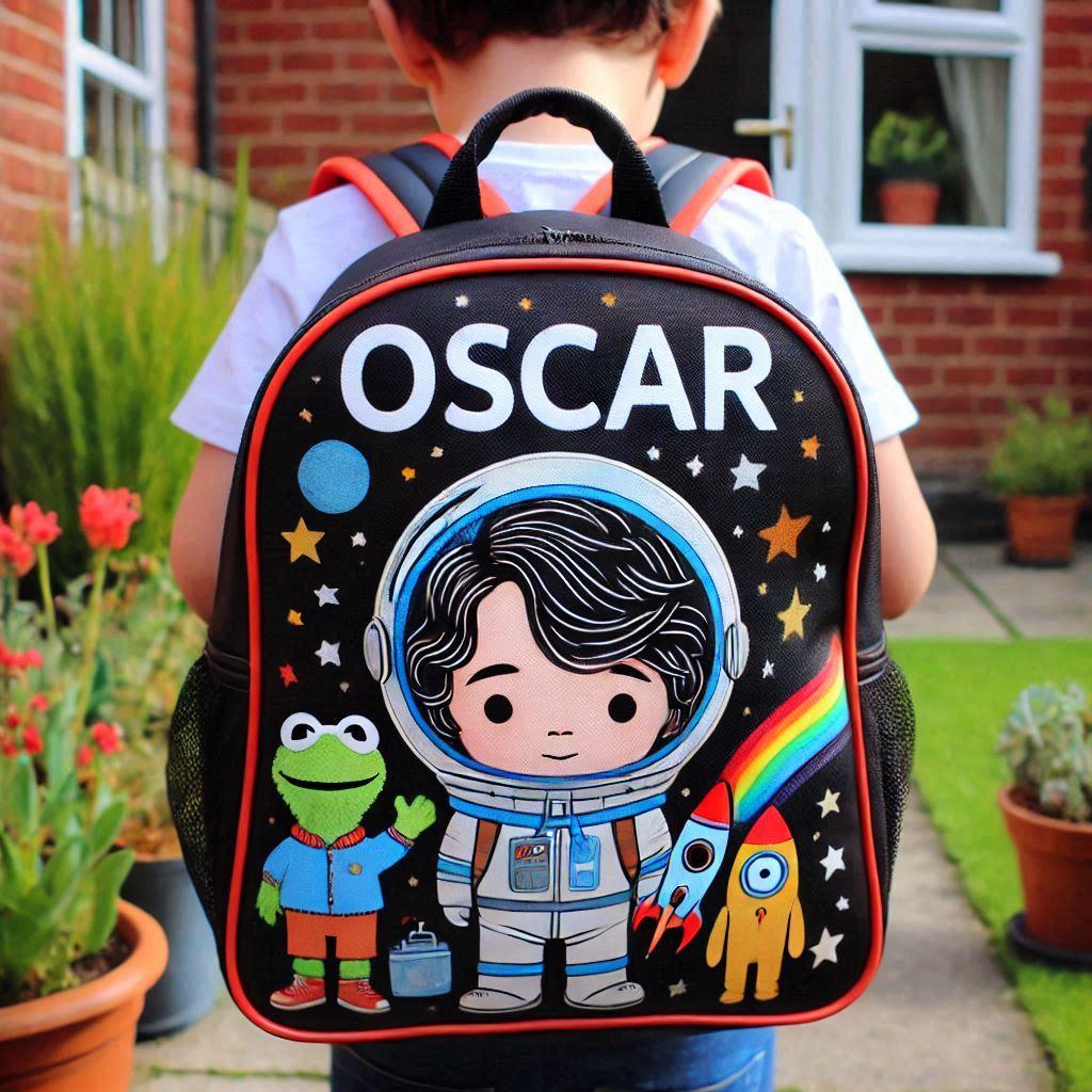 Un cartable d enfant personnalise avec le prenom oscar dans le dos dun petit garcon