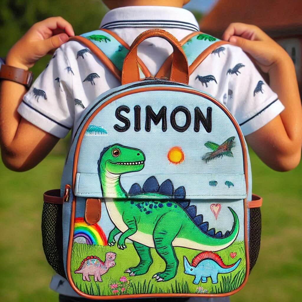 Un cartable d enfant personnalise avec le prenom simon theme dinosaure dans le dos dun petit garcon