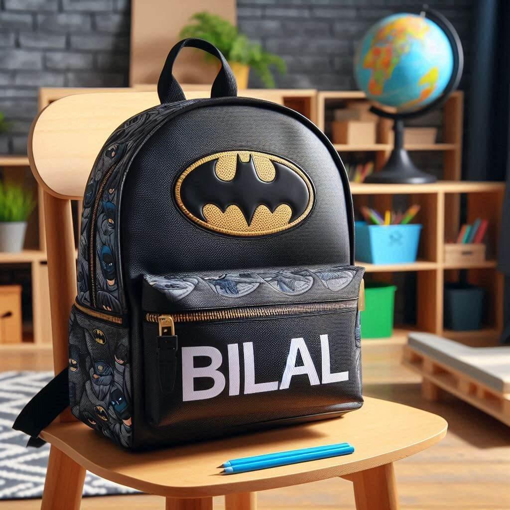 Un cartable d enfant theme batman personnalise avec le prenom bilal pose sur une chaise dans une ecole