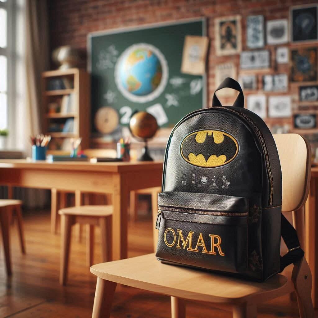 Un cartable d enfant theme batman personnalise avec le prenom omar