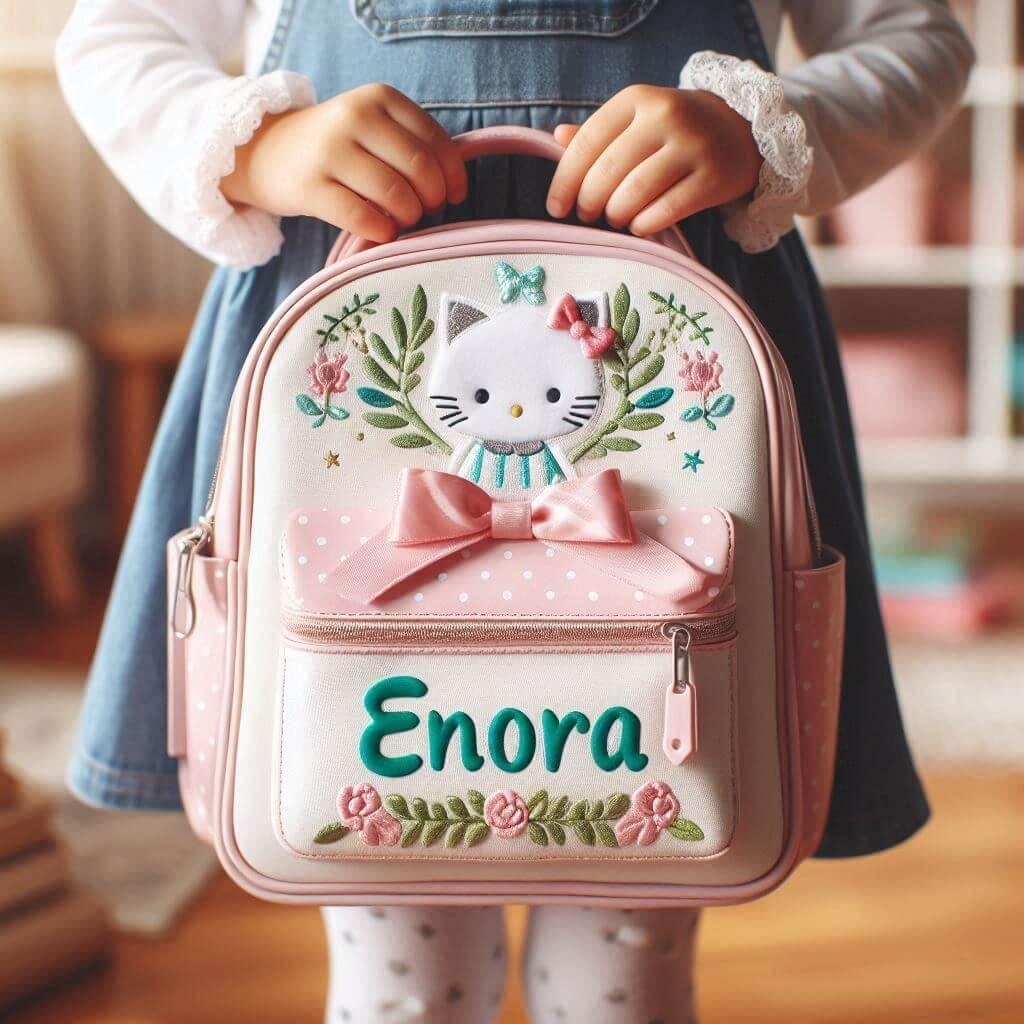 Un cartable denfant personnalise avec le prenom enora dans les mains dun petite fille 1