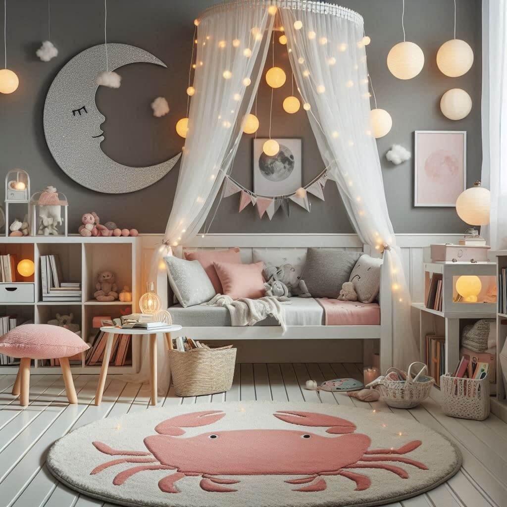 Un coin lecture avec des livres pour enfant avec un mur argente du mobilier blanc et des touches de rose quartz ciel de lit gris guirlande lumineuse allumee sur le ciel de lit des