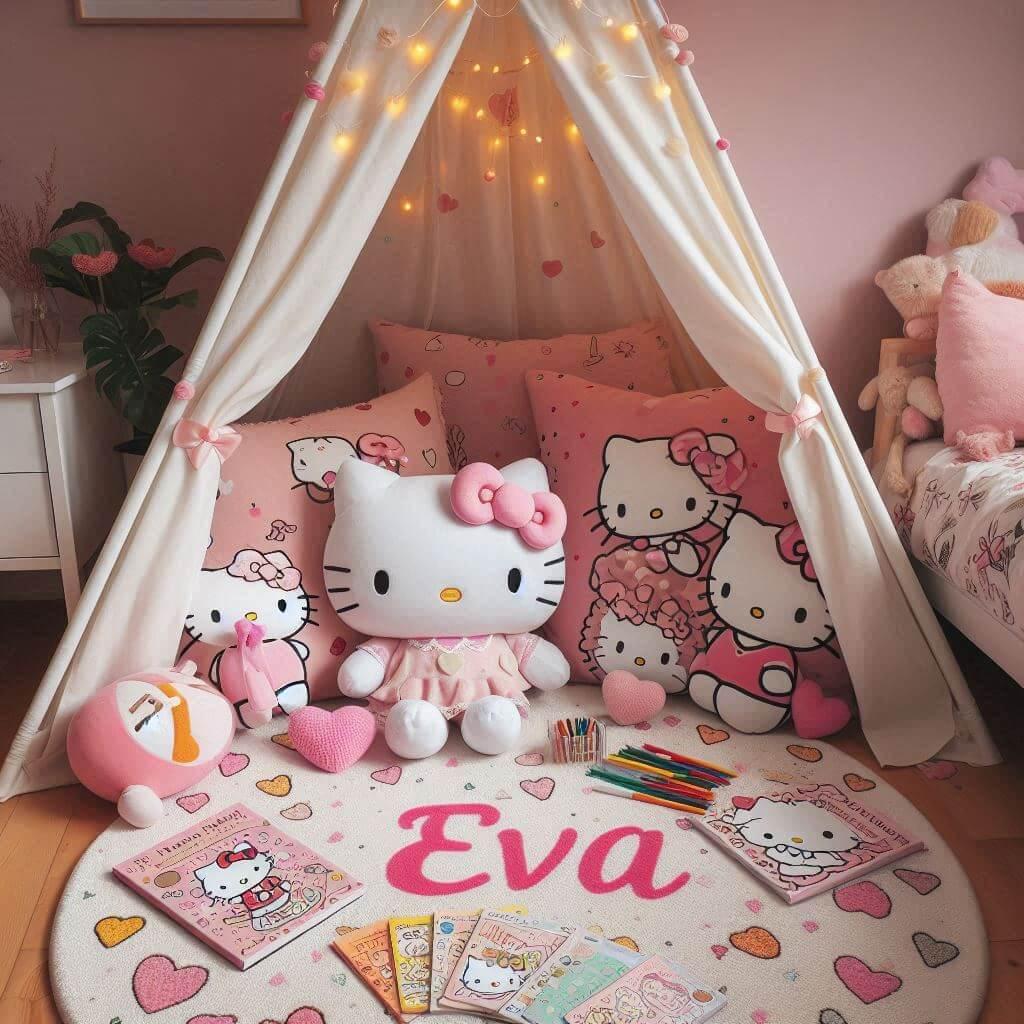 chambre fille theme hello kitty, prenom eva