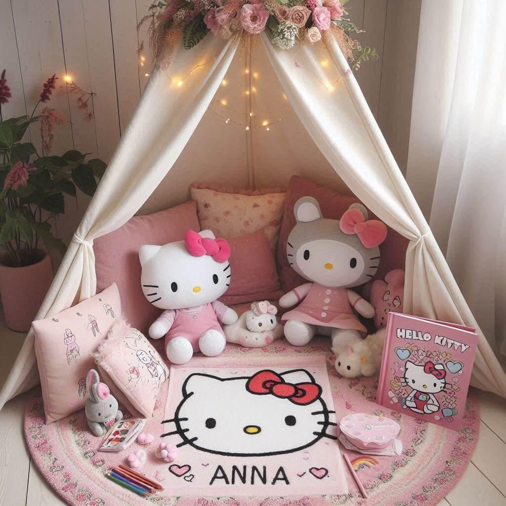 chambre hello kitty, prenom anna, tipi, peluche, tapis hello kitty