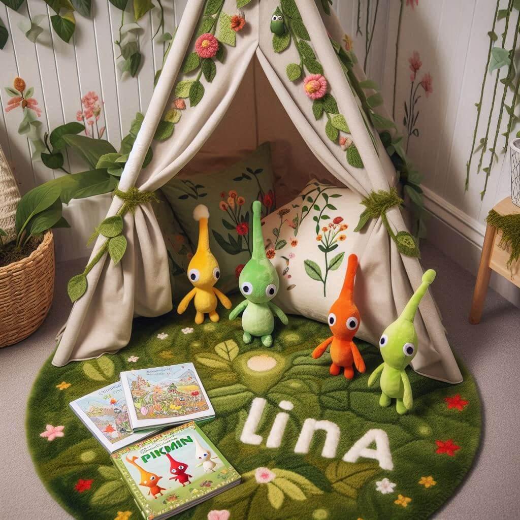 Un coin lecture inspire de pikmin avec un tapis mousseux evoquant le sol forestier parseme de motifs floraux et de petites creatures pikmin en peluche un tipi cosy decore de feuill