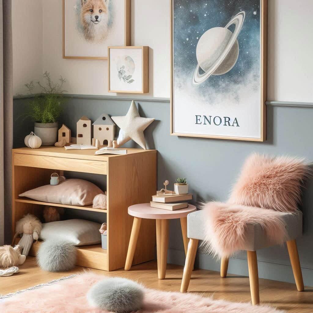 Un coin lecture pour enfant avec un mur bleu pastel et gris des meubles en bois clair et des accessoires en rose doux pour une atmosphere paisible et equilibree avec une affiche de