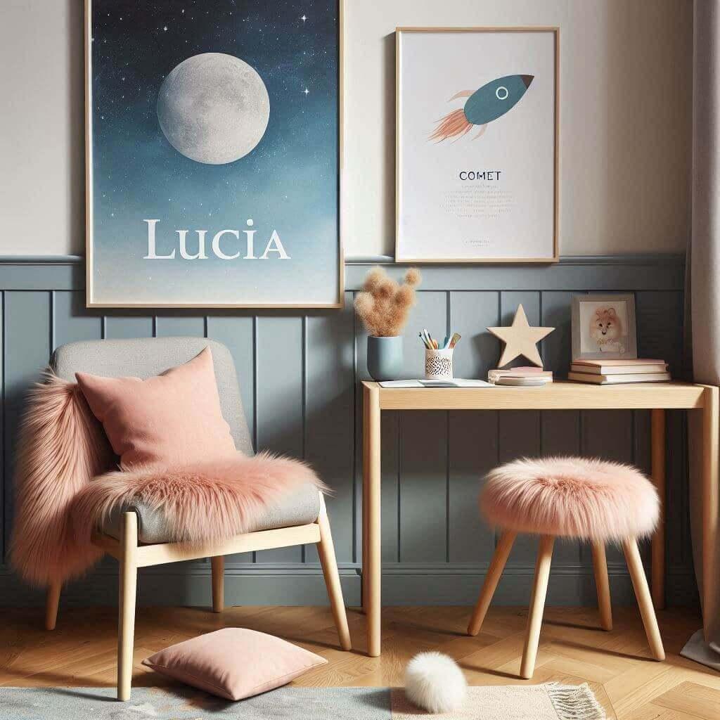 Un coin lecture pour enfant avec un mur bleu pastel et gris des meubles en bois clair et des accessoires en rose doux pour une atmosphere paisible et equilibree avec une affiche de