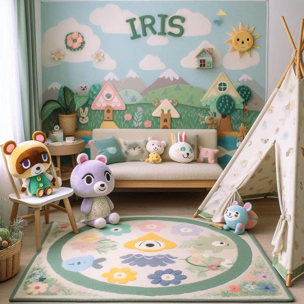 Un coin lecture pour enfant sur le theme de animal crossing avec des tons pastel de vert prenom iris