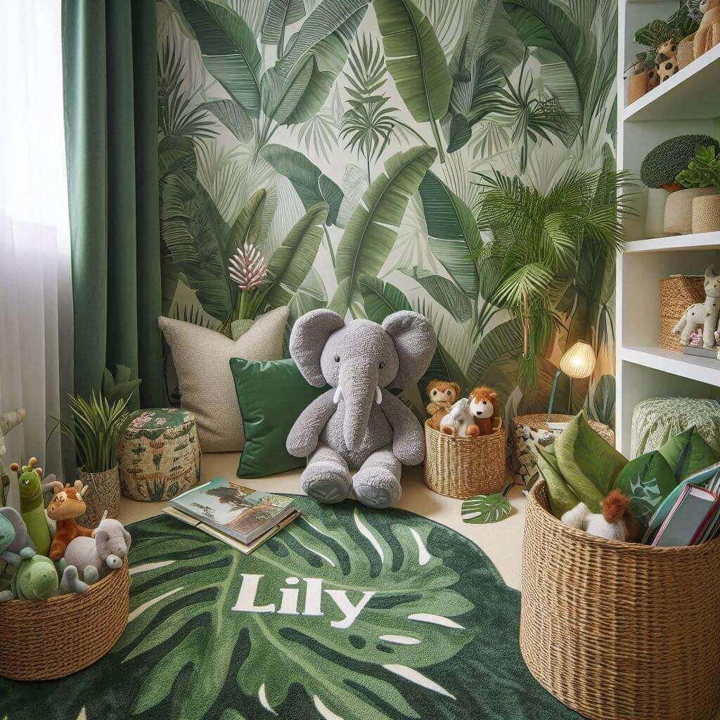 Un coin lecture pour enfant sur le theme de la jungle avec des tons verts evoquant la vegetation luxuriante personnalise avec le prenom lily