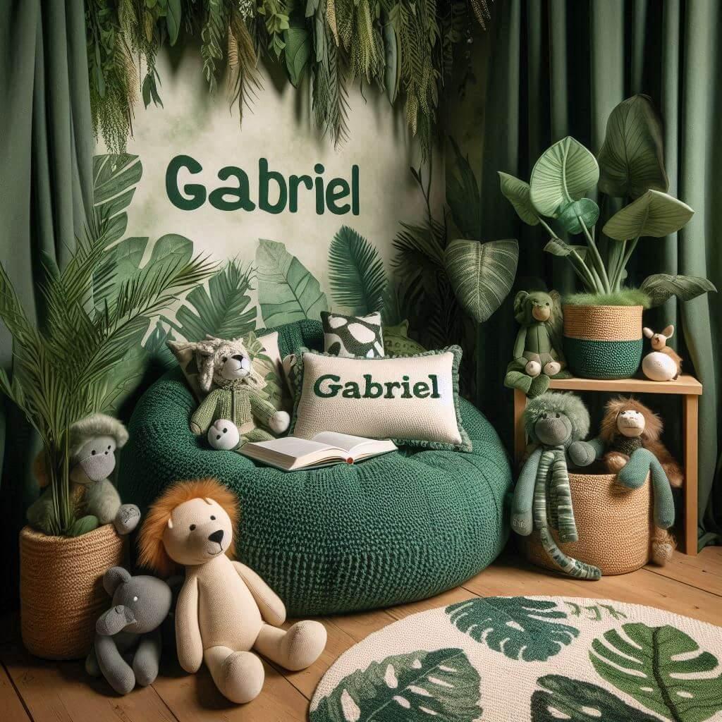 Un coin lecture pour enfant sur le theme de la jungle avec des tons verts evoquant la vegetation luxuriante un tapis orne dun motif de feuilles et des peluches animaux sauvages ajo