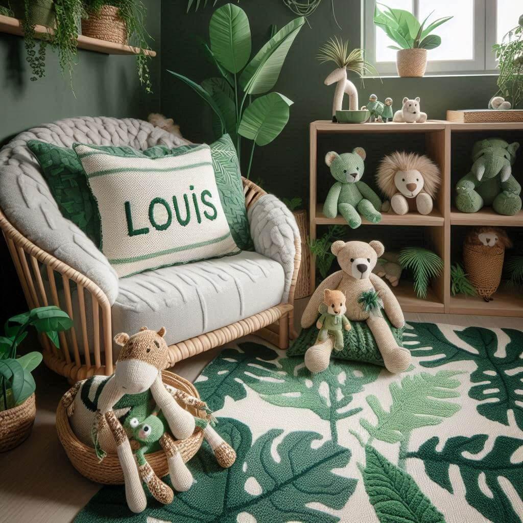 Un coin lecture pour enfant sur le theme de la jungle avec des tons verts evoquant la vegetation luxuriante un tapis orne dun motif de feuilles et des peluches animaux sauvages ajo