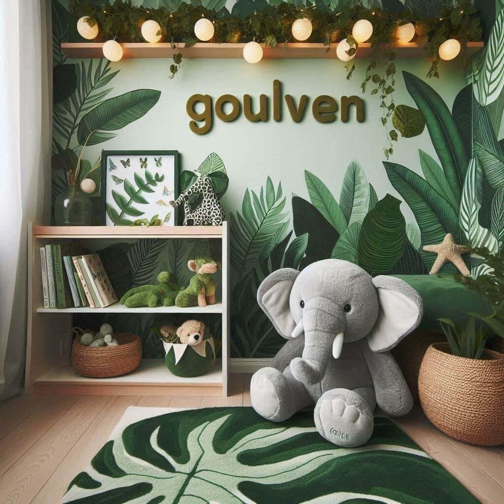 Un coin lecture pour enfant sur le theme de la jungle avec des tons verts evoquant la vegetation luxuriante un tapis orne dun motif de feuilles et des peluches animaux sauvages ajo