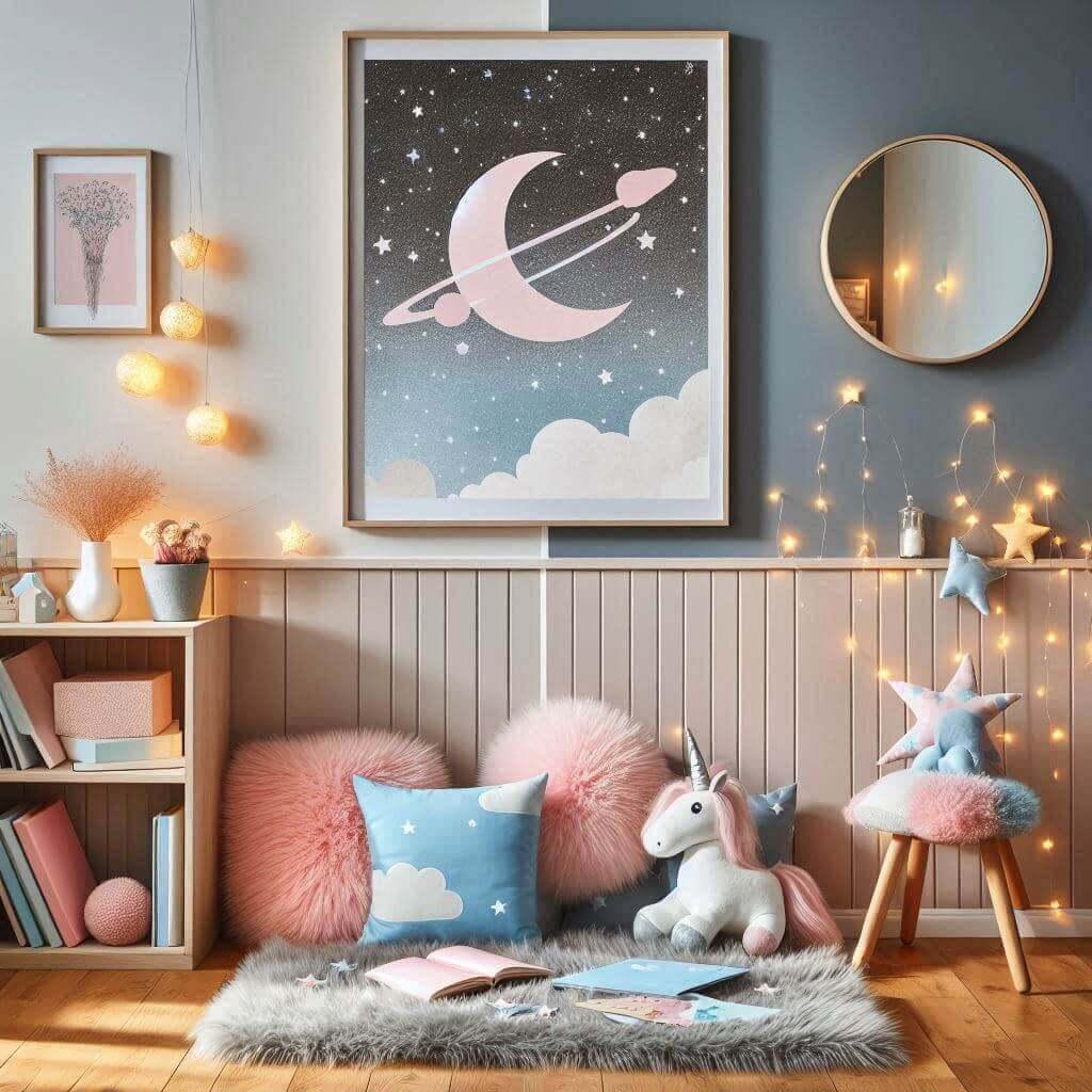 Un coin lecture pour enfant un mur bleu pastel et gris des meubles en bois clair et des accessoires en rose doux pour une atmosphere paisible et equilibree avec une affiche de come