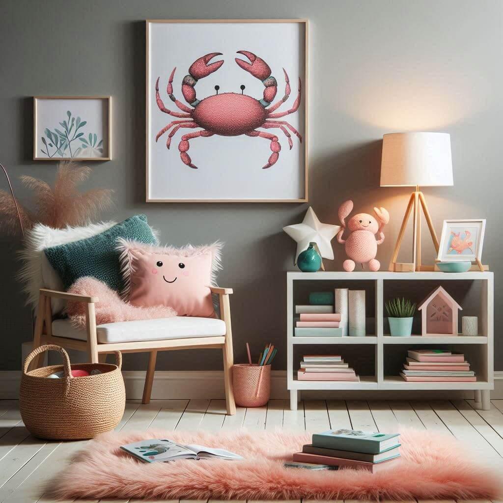 Un coin lecture pour enfant un mur gris des meubles en bois blanc et des accessoires en rose quartz et bleu canard pour une atmosphere paisible et equilibree avec une affiche de cr