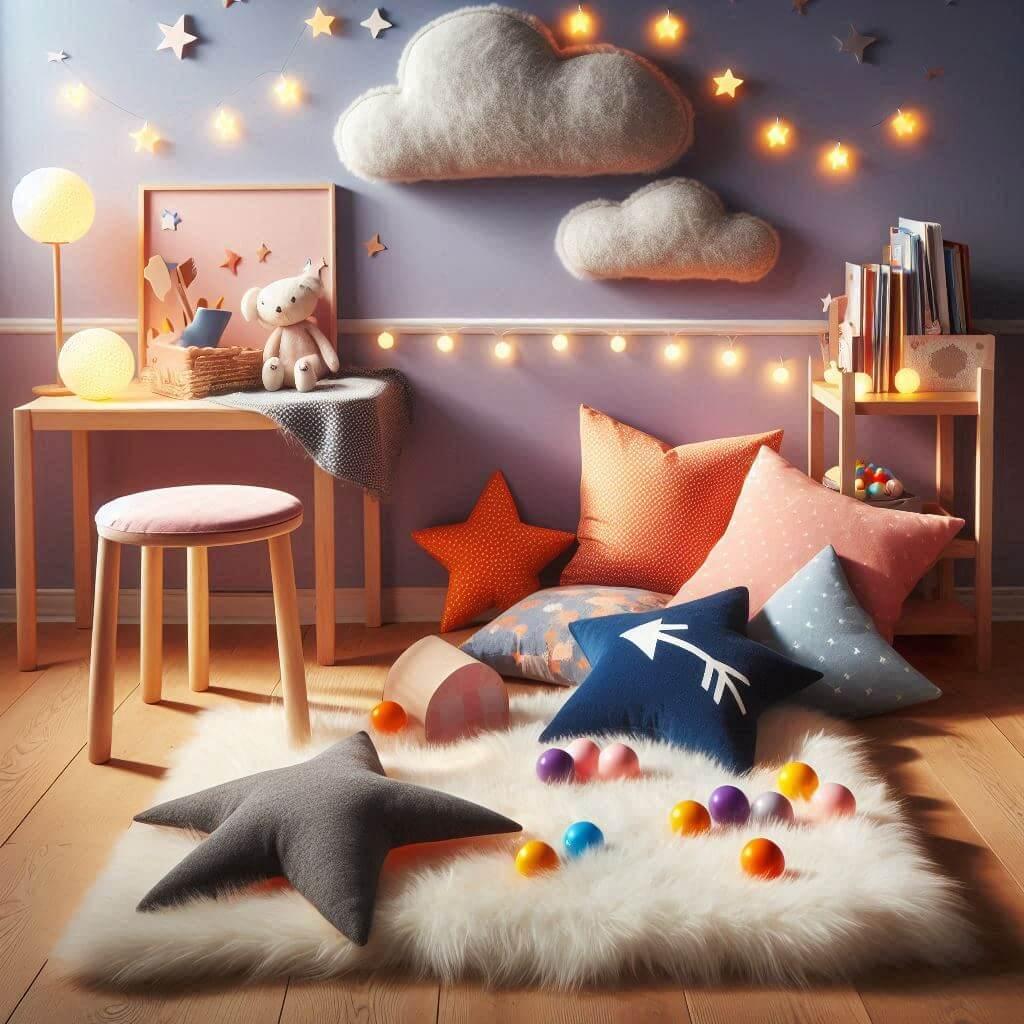 Un coin lecture pour enfant un mur violet pastel des meubles en bois clair et des accessoires en orange doux et bleu marin tapis de fourure en forme de nuage et des livres coussins